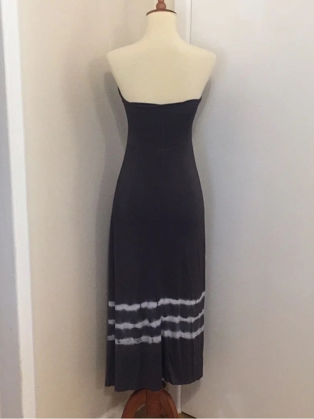 Strapless Black Maxi Dress with Subtle White Tie-Dye Bands - Picture 2 of 2